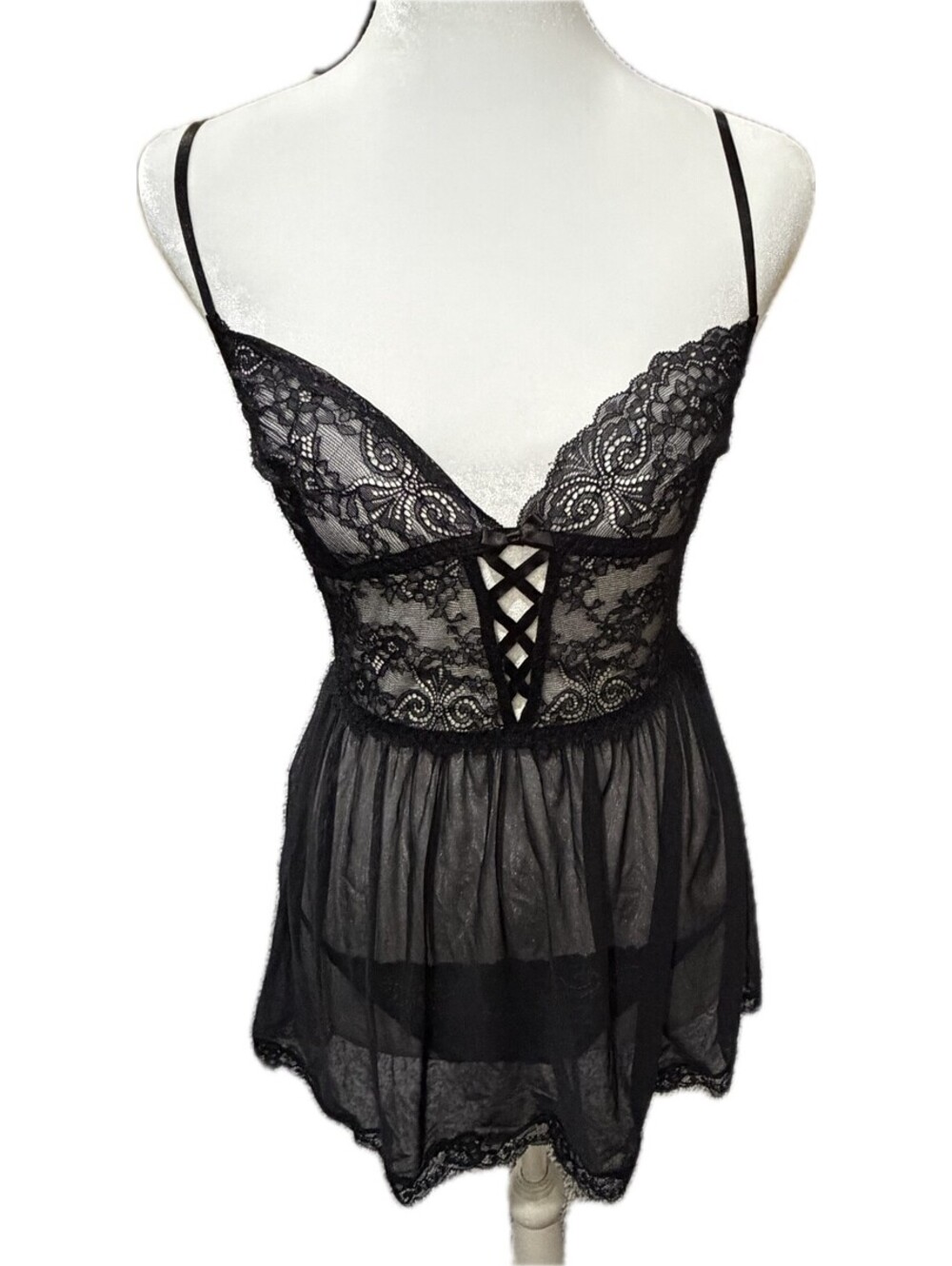 Adore Me Black Lace Babydoll Lingerie Set Size S Sheer Mesh Panties NWOT